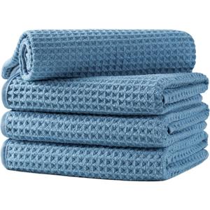 Microfiber Waffle Hand Towels, 4 Pieces, Soft, Absorbent, Fast Drying, Lint Free 430 GSM (Blue)