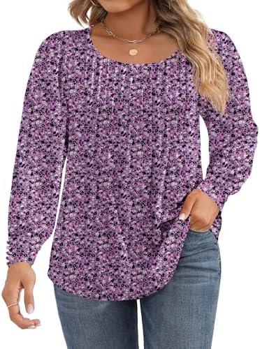 Ficerd Women's Plus Size Puff Long Sleeve Tops Pleated Crew Neck Tunic Shirts Dressy Loose Blouses T-Shirts Size XL