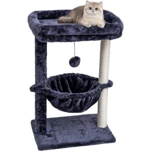 SYANDLVY Small Cat Tree for Indoor Cats, Activity Cat Tower with Scratching Post for Kittens, Cat Condo & Furniture with Basket & Hanging Ball for Play Rest (Smoky)