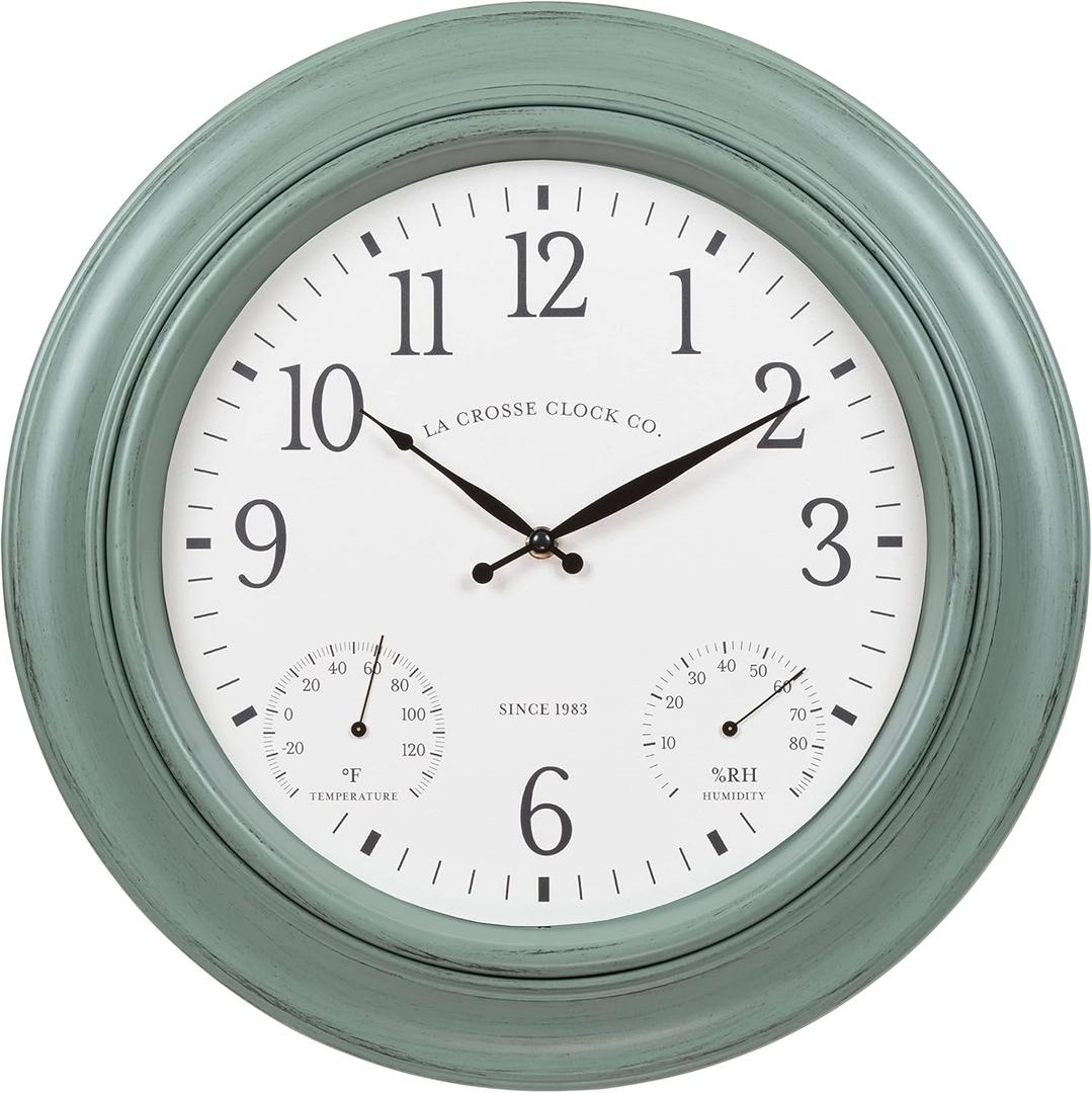 La Crosse Clock 433-3846 18 in. Indoor/Outdoor Sage Green Quartz Wall Clock with Temperature & Humidity