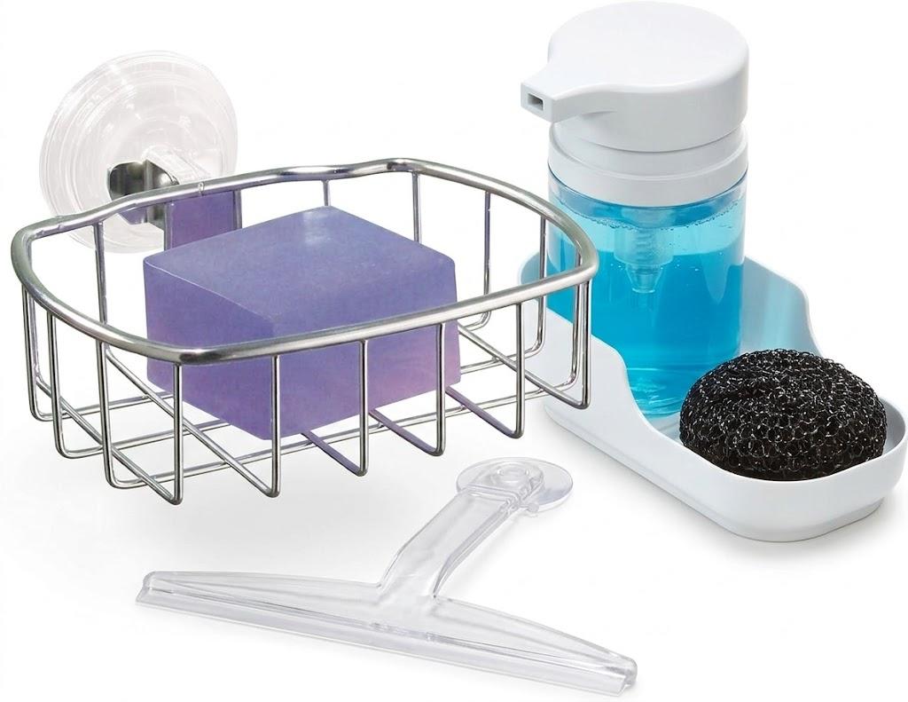 IDea Home Tools Set, Suction Soap Dish, Soap Pump and Plastic Suction Squeegee, White (3 Pack)