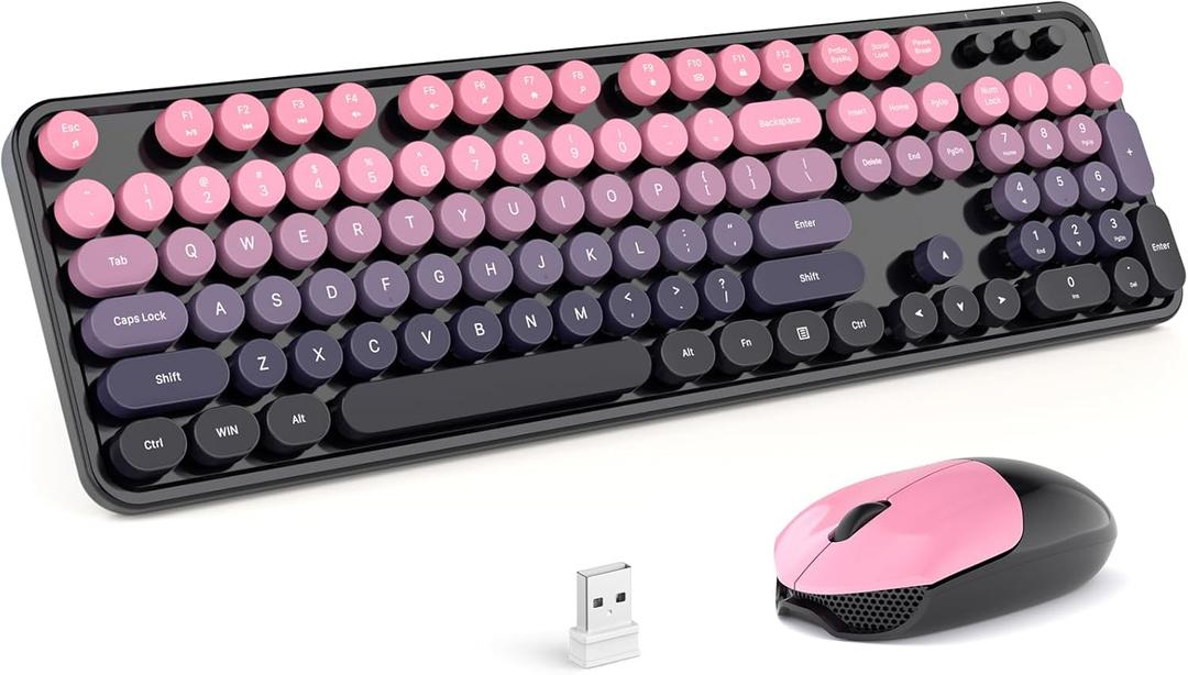 MOFII Wireless Keyboard and Mouse Combo, Retro Typewriter Keyboard with Colorful Round Keycaps, 2.4GHz USB Plug Play Connection for PC Laptop Windows XP/7/8/10 (Berry Pink)
