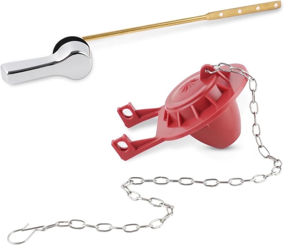 Hibbent Universal Front Mount Toilet Handle Replacement Kit with 2-inch Universal Toilet Flapper, Stainless Steel Flapper Chains, Chrome Finish Toilet Trip Lever and Red Toilet Flapper Replacement Kit