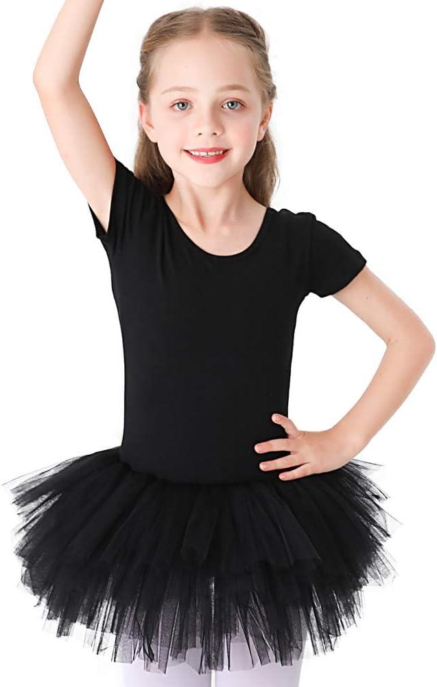 Bezioner Girls Cotton Ballet Dance Dress Cute Tutu Skirted Leotard Short Sleeve (140, Black)