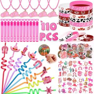SNLN 110Pcs Cowgirl Party Favors Hot Pink Princess Birthday Supplies for Girls, Cowgirl Straws Necklace Bubble Wands Silicone Bracelet Western Tattoo Stickers Rodeo Hot Pink Horse Party Favors