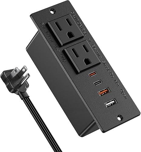 Recessed Power Strip with 30W USB C,Ultra Thin Flat Plug Power Strip,2 Outlets 4 USB Ports,Furniture Flush Mount Desk Outlet,Recessed Outlet for Side Table/Sofa Table,6ft Cord (Black)