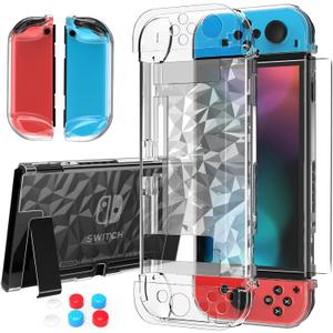 HEYSTOP Case Compatible with Nintendo Switch with Protective Film, Transparent Case for Nintendo Switch with Switch Protective Film and Grip Cover, Shock Absorption and AntiScratch