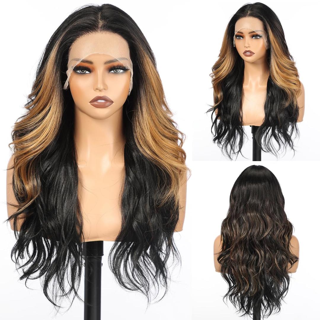 Highlight Honey Blonde Long Curly Wig, 13x4 Lace Front Synthetic Wig with Baby Hair, Natural Looking Heat Resistant Hair for Women Daily Use 22IN(HL27/01B30)