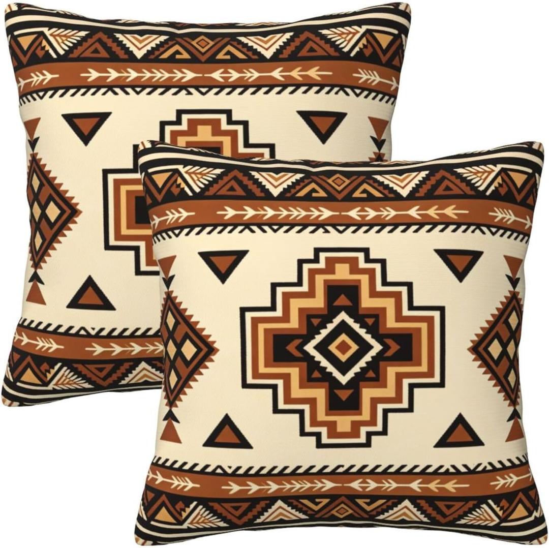 Western Aztec Throw Pillow Covers 16x16 Set of 2, Southwest Native American Brown Pillow Covers Outdoor Decorative Pillow Case for Couch Bed Sofa Cushion Home Decor