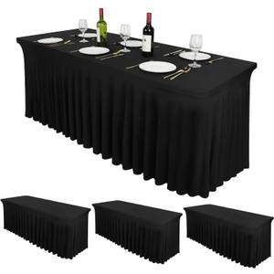 CoFashion 6ft Rectangle Black Spandex Table Skirts & Covers, 3 Packs, Polyester/Spandex, Wrinkle Resistant, Stretchable, Fitted Tablecloth for Banquet, Restaurants, Tradeshows
