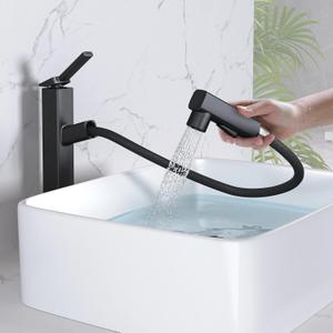 MIAOHUI Vessel Sink Faucet with Pull Out Sprayer, Tall Bathroom Sink Faucet with 3 Spray Mode, High Bathroom Faucets for Sink 1 Hole, Single Handle Modern Vanity Faucet with Fountain Mode, Matte Black