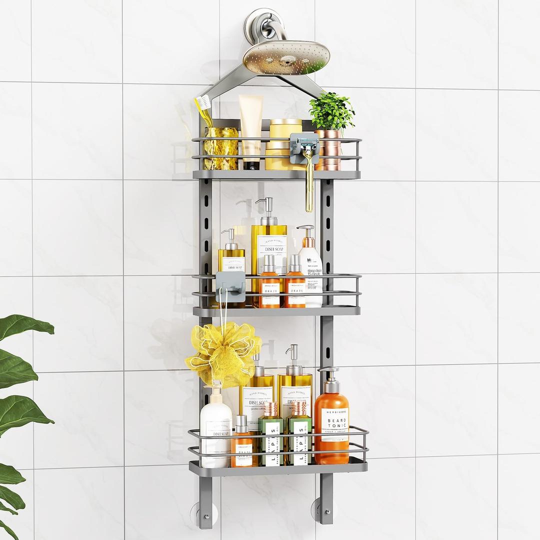 ODesign 3 Tier Height-Adjustable Shower Caddy Hanging Anti-Swing-Over The Shower Head Caddy-Showe r Storage Organizer Bathroom Shelves Basket Caddies-Grey