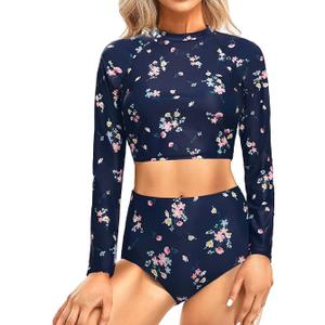 Pinup Fashion Long Sleeve Rash Guard - 2 Piece Swimsuit Bathing Suits with Bottom Swim Top UV UPF (Large)