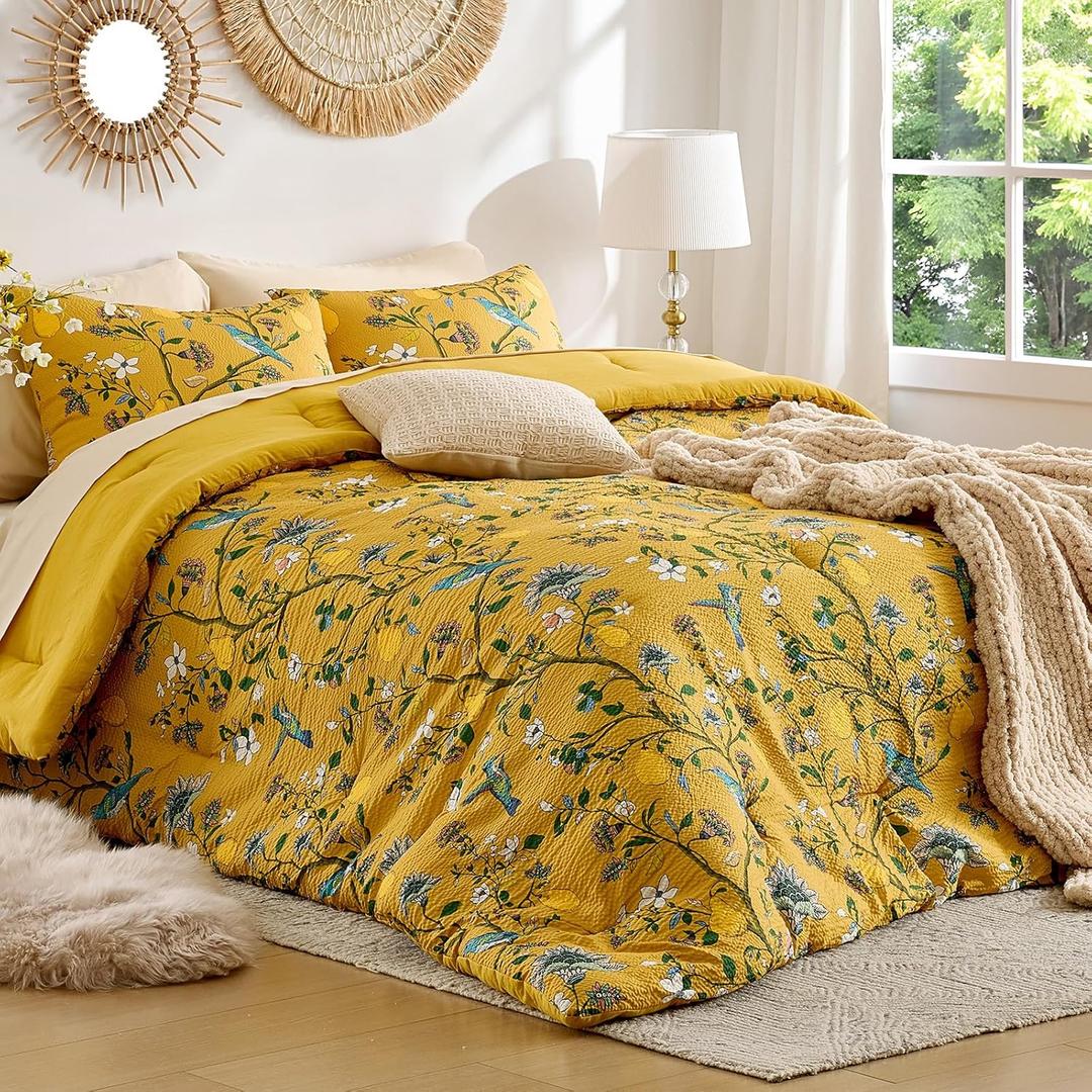 MUSSEL Bedding King Size Comforter Set 3 Pieces,Yellow Vintage Botanical Floral Pattern Bed Comforter Sets,Boho Whimsical Modern Printed Design Cute Seersucker Bedroom Comforter and Shams