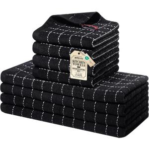 Homaxy Kitchen Towels and Dishcloths Set, 12 x 12 and 13 x 28 Inches, Set of 8 Bulk Cotton Terry Kitchen Towels Set, Checkered Designed, Soft and Super Absorbent Dish Towels, Black