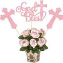Gyufise 12Pcs God Bless and Cross Centerpiece Sticks Double Sided Cross God Bless Table Flower Centerpieces Sticks First Communion Baptism Decorations for God Bless Theme Party Supplies Pink