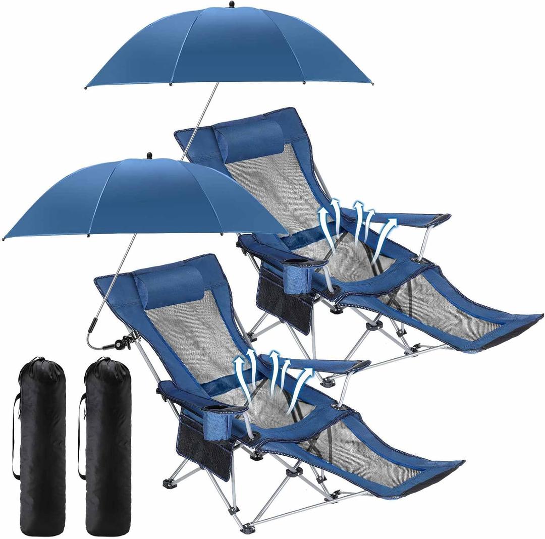 2 Set Reclining Camping Chair with Umbrella, Camping Chair with Foot Rest, Adjustable Chair Umbrella with Clamp, SPF 50+, Folding Mesh Camping Lounger Chair for Outdoor(Blue)