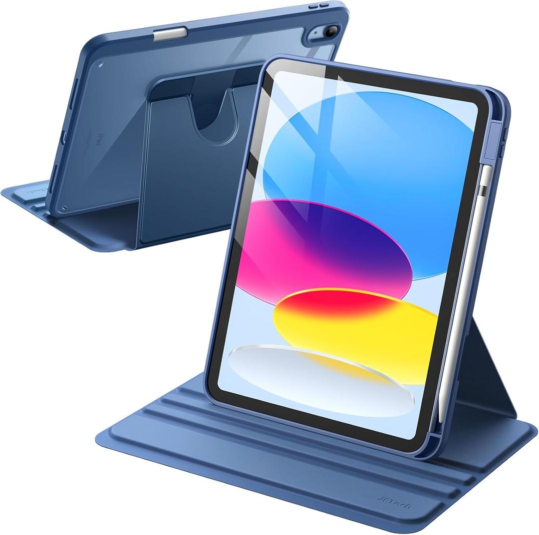 JETech Rotating Case for iPad (A16) 11th/10th Generation (2025/2022) with Pencil Holder, 360 Degree Rotation Protective Stand Cover Clear Back, Auto Wake/Sleep (Navy)