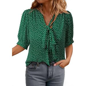 Dokotoo Blouses for Women Dressy Casual Short Sleeve Shirts Bow Tie Neck Work Tops Business Casual Outfits, M