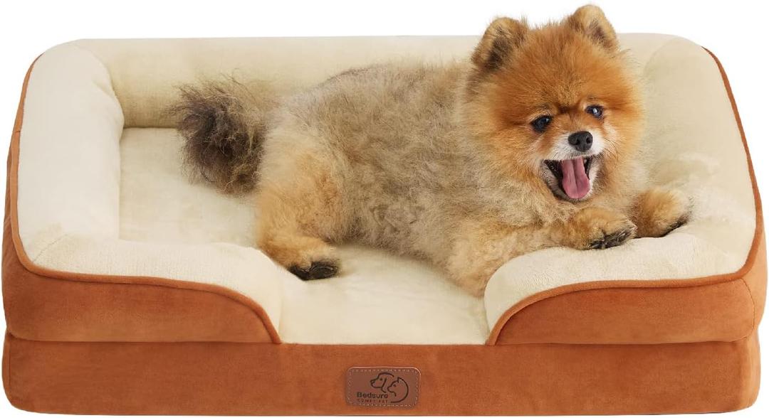 Bedsure Small Orthopedic Dog Bed - Washable Bolster Dog Sofa Beds for Small Dogs, Supportive Foam Pet Couch Bed with Removable Washable Cover, Waterproof Lining and Nonskid Bottom Couch, Caramel (24.0"L x 18.0"W x 6.0"Th, Ember Clay)