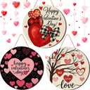 3 Pcs Valentines Day Decorations Door Sign Love Heart Welcome Wooden Hanging Sign Happy Valentine's Day Wood Wreath with Rope for Front Door Outdoor Farmhouse Porch Party Decor