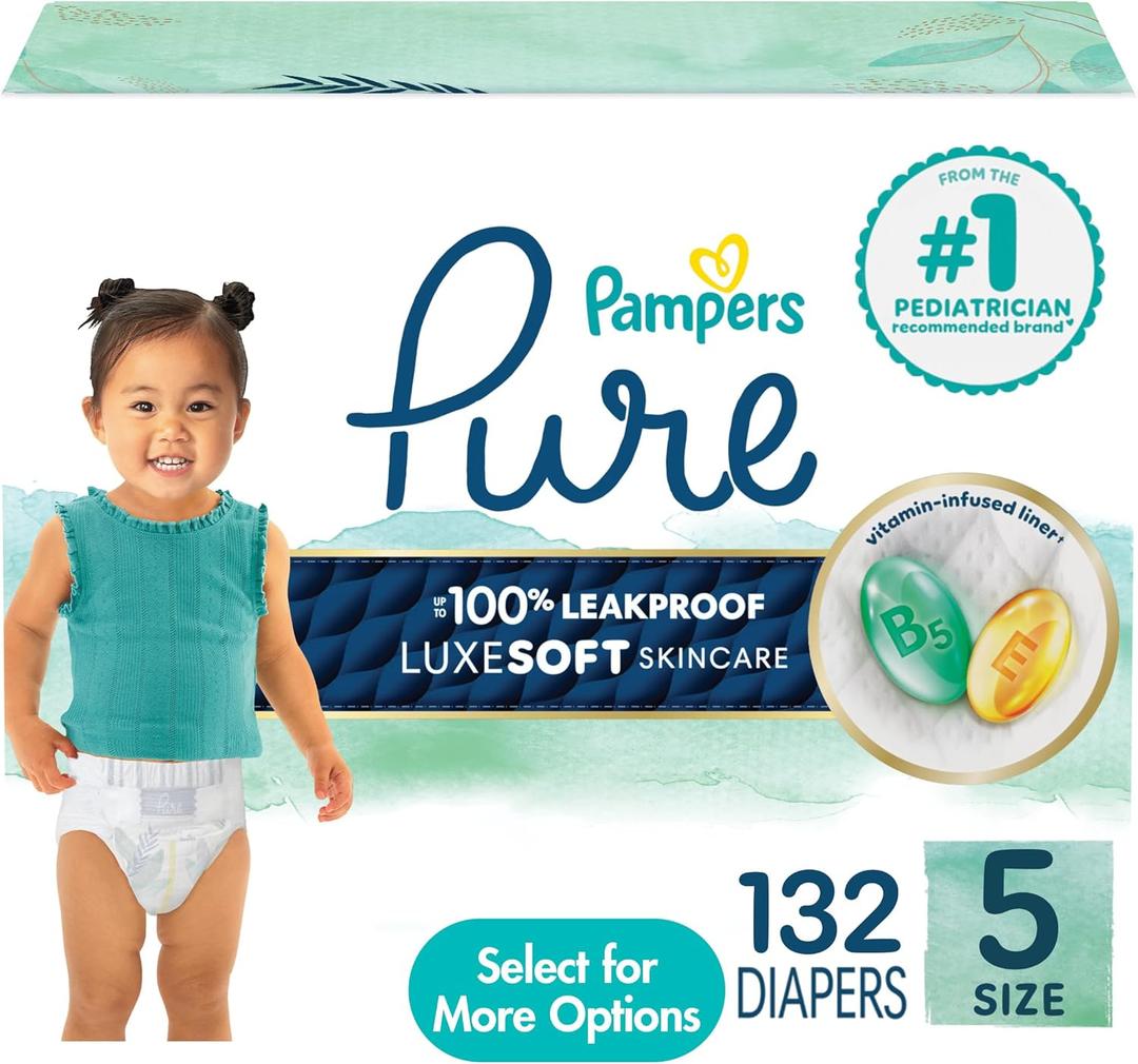 Pampers Pure Baby Diapers, Size 5 (27+ lbs), 132, Up to 100% Leakproof, Premium Hypoallergenic Soft Diapers