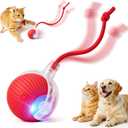 Interactive Electric Automatic Rolling Moving USB Rechargeable Self Activated Play Stimulation Toy Smart Chase Teaser Ball with Speedy Tail Rope for Bored Adult Indoor Cats Puppy Dogs, Red