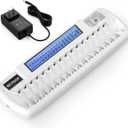BEVIGOR 18 Bay Battery Charger for AA AAA 9V NiMH NiCD Rechargeable Batteries, Independent Charging, LCD Display, AC Adapter, Type-C USB, Batteries Not Included - White