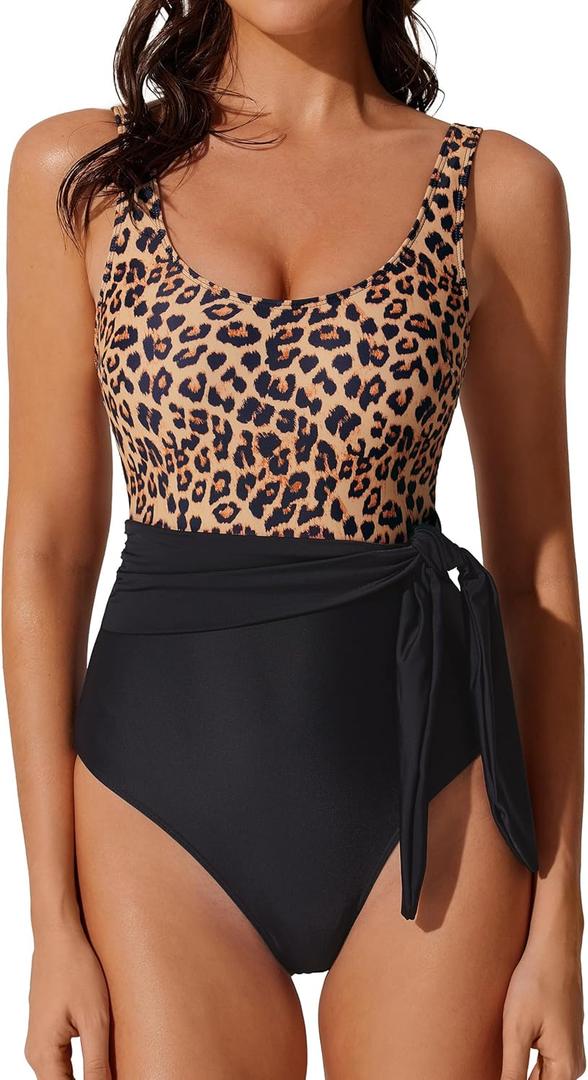 RXRXCOCO Women One Piece Swimsuit Tummy Control Cute Waist Tie Slimming Bathing Suit Cutout Full Coverage Swimwear (Medium, Leopard)