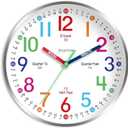 Wall Clock for Kids Learning to Tell Time Easily Non Ticking Battery Operated Kids Teaching Clock Silent Colorful Teaching Time Clock Decorative for Kids Room Classroom School (8 Inch) (Silver)