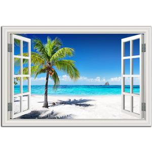Beach Pictures Wall Art Decor for Living Room Blue Ocean Painting Decor for Bedroom White Window Frame Style Palm Trees Canvas Wall Decor Blue Coastal Landscape Artwork for Bathroom Home Office (36L" x 24W")
