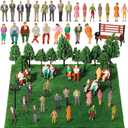 Sratte 55 Pcs 1:30 Scale Model Trains Architectural Scale Painted Figures Set, Include 30 Miniature People 5 Street Lamps 11 Mixed Model Trees 5 Park Street Seat 4 Fake Grass for Miniature Scene
