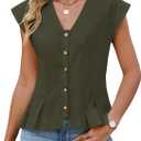 Womens V Neck Crop Tank Tops Cap Sleeve Spring Summer Blouse Button Down Shirts Going Out Vests Top Trendy 2026 (Green, S)