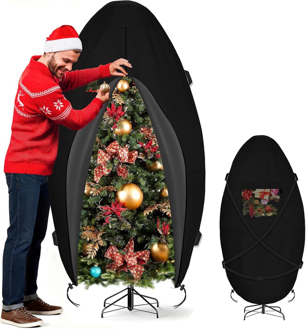 SIRUITON Upright Christmas Tree Storage Bag for 9 ft Tall,Heavy Duty 600D Oxford Fabric Vertical Xmas Storage Bags,Waterproof & Tear-Resistant Christmas Tree Cover with UV Protection (Black)