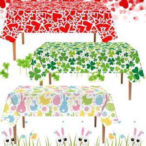 3 Pcs Valentine's St. Patrick's Easter Vinyl Tablecloth 108 x 54 Inch Heart Rectangle Tablecloth Disposable Plastic Shamrocks Clover Egg Table Cover Waterproof Print for Party Supplies