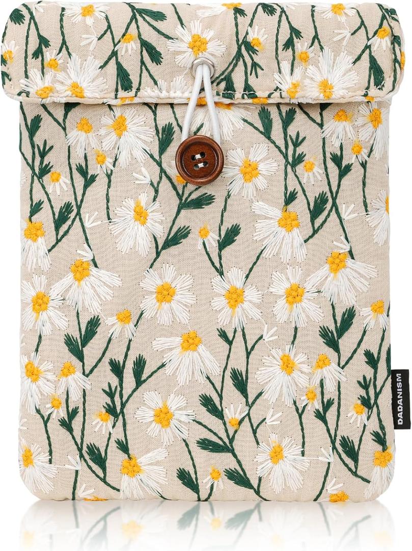 Dadanism 6-7 Inch Embroidered Daisy Padded Sleeve for 7" All-New Kindle Paperwhite & Kindle Colorsoft/Signature Edition, Protective Sleeve Carrying Case for 6" Kindle E-Reader, 6" Kobo Clara BW, Beige