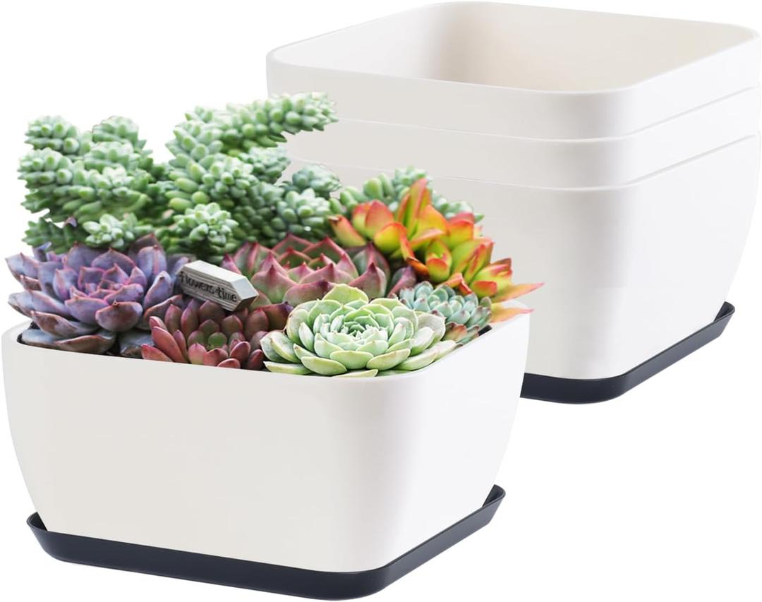 Succulent Pots 6 Inch Shallow Herb Planters with Drainage Hole - 4 Packs Cactus Planter for Home Office Garden Plants Pot Present - Plants Not Included (Off White) (Square 4 Pcs)