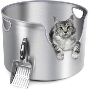 Stainless Steel Litter Box, Metal Litter Box, Integrated Round, XL 12'' High Side, Odor Control, Easy to Clean, Durable, Includes Scoop for Big Cats & Multi-Cat Households