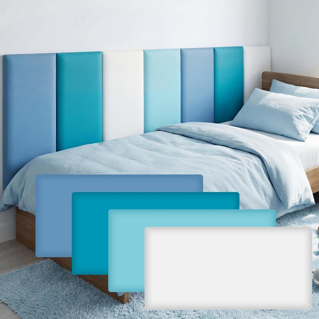 Hahafelt 8 Pack Wall Padding for Playroom Peel and Stick Headboard 23.62" x 11.81" x 1.18" 3D Anti Collision Upholstered Wall Panels Self Adhesive Headboard Panel for Protection (Blue Colors)
