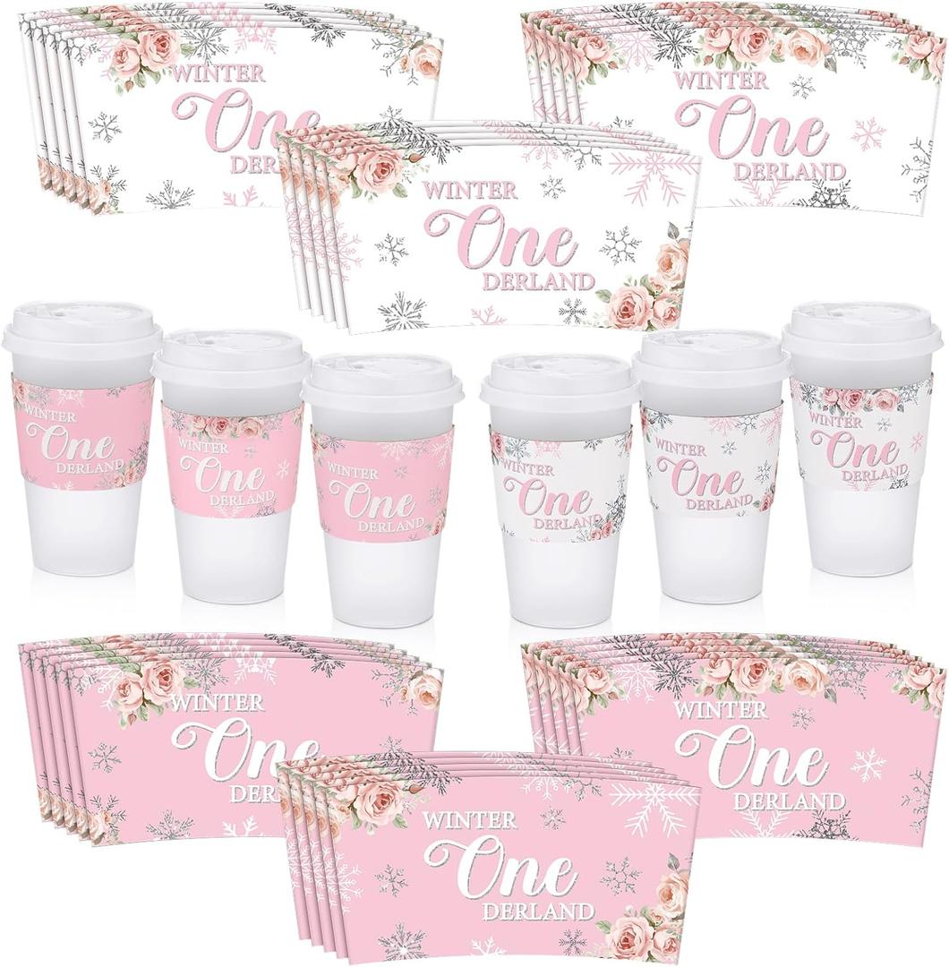 Lincia 30 Pcs Winter Onederland 1st Birthday Girl Pink Coffee Cup Sleeves Disposable Winter Onederland Birthday Decorations Party Supplies Baby Shower Decoration for Girl