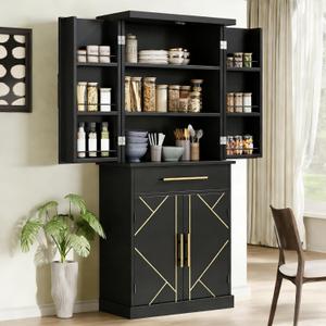 DWVO 72" Kitchen Pantry Storage Cabinet, Tall Modern Food Buffet Cabinets with Drawer & Adjustable Shelves & Door Rack, Freestanding Wood Storage Cupboard for Dining Room, Living Room, Bathroom, Black