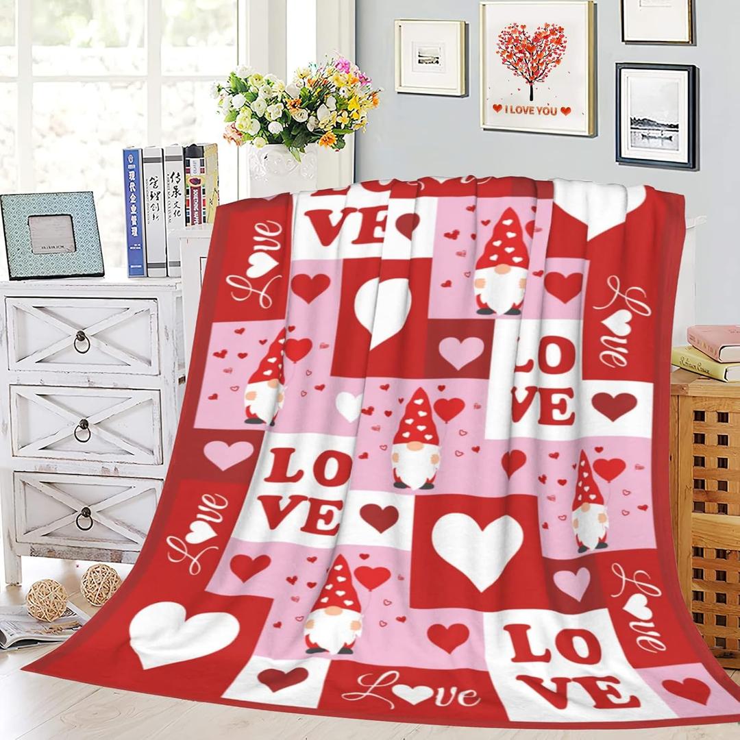 Happy Valentine's Day Throw Blanket Valentine's Day Heart Cute Gnome Soft Flannel Blanket Holiday Warm Cozy Lightweight Bed Blanket for Sofa Couch Bedroom 40x50 Inch (Red)