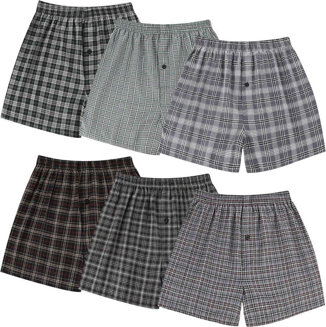 BAMBOO COOL Men's Underwear Woven Boxer Shorts,Classic Relaxed Fit,Lightweight Plaid Boxers,6 Pack (L)