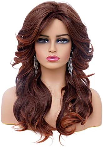 Rugelyss Vintage Wigs Dark Brown Rednish Maroon Wig for Women Lady Natural Synthetic Full Wigs for 70s Cosplay Costume Disco Hair Wig 20"