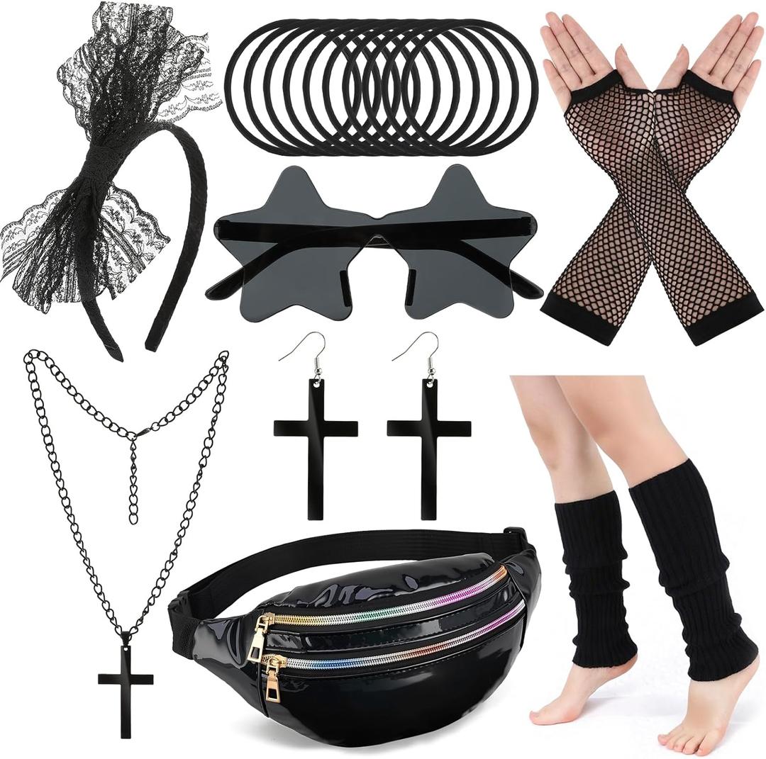 80s Costume Accessories Set for Women, Black Holographic Pack Fishnet Gloves Leg Warmer Lace Headband Cross Jewelry, 1980s Fancy Prom Dress Party Outfit