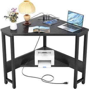 Armocity Corner Desk Small Desk with Outlets Corner Table for Small Space, Computer Desk with USB Ports Triangle Desk with Storage for Home Office, Workstation, Living Room, Bedroom, Black