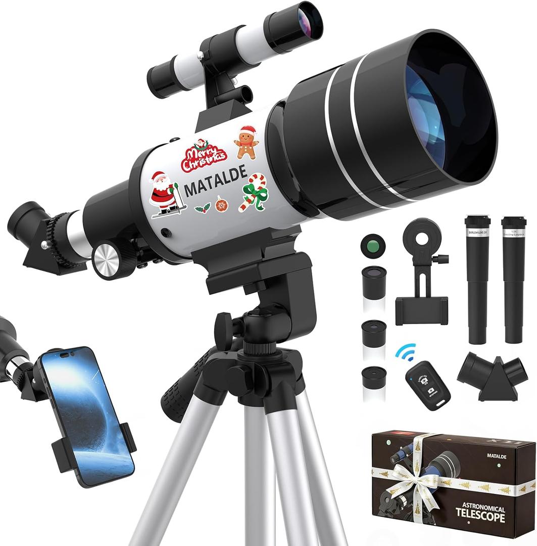Telescope for Beginners, 70mm Aperture Refractor Astronomy Telescope with 300mm Focal Length, 15X-150X Magnification, Tripod, Phone Adapter, Wireless Remote (White)
