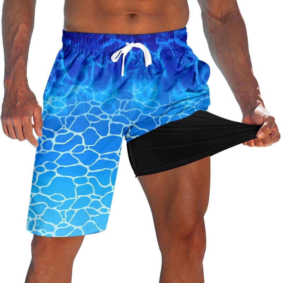 westwolf Men's Swim Trunks with Compression Liner 9" Quick Dry Board Shorts (XX-Large, F Blue White)