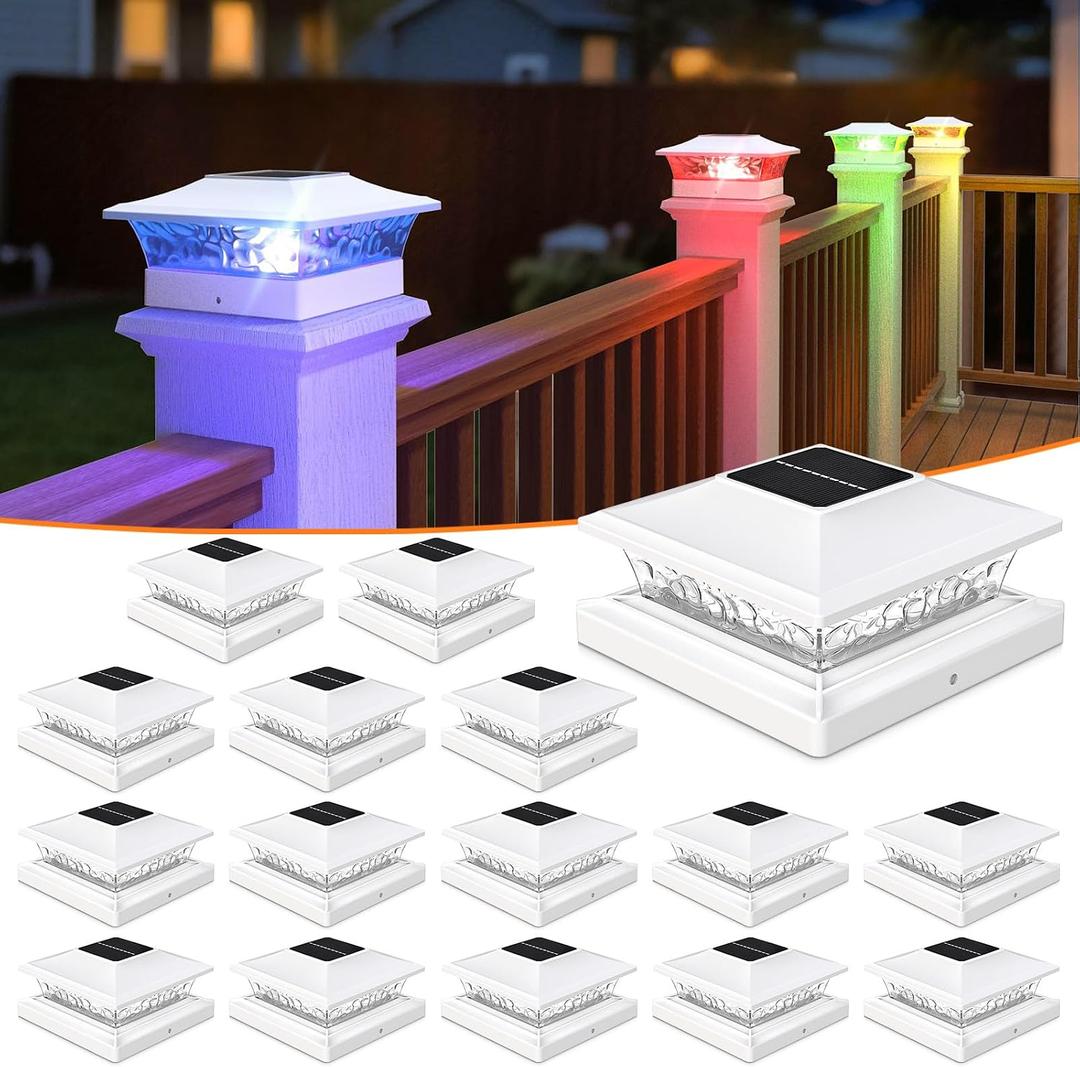 APONUO Solar Post Cap Lights with 8 RGB Solid Colors & Multicolor Flow - 16 Pack Fence Post Solar Lights, IP65 Waterproof - Fits 5x5 Wood & Vinyl Posts - White