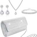 Subiceto 4Pcs Silver Clutch Purse Jewelry Set for Women Evening Rhinestone Purse Crystal Necklace Earrings Bracelets Set Silver Accessories for Women Bride Wedding Jewelry Lightweight